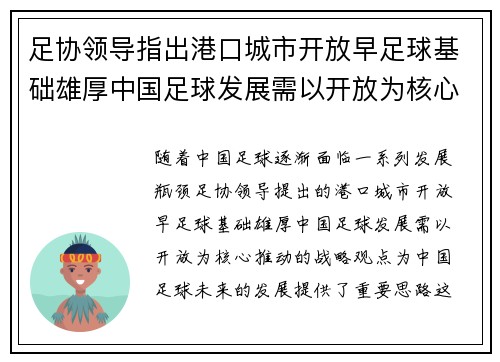 足协领导指出港口城市开放早足球基础雄厚中国足球发展需以开放为核心推动 足协领导指出港口城市开放早足球基础雄厚中国足球发展需以开放为核心推动